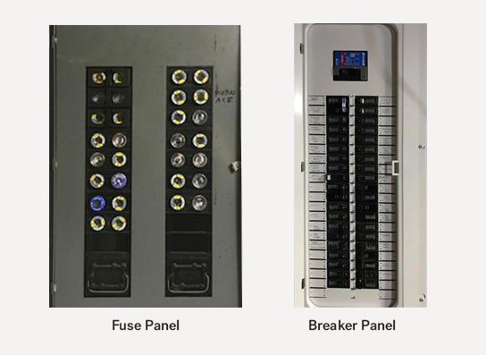 Side by side of fuse panel and breaker panel